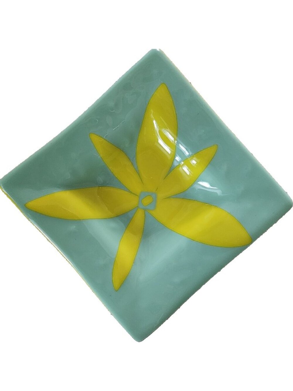 Fused Glass Art Plate Green Yellow Flower Square 60s Groovy Retro Decor